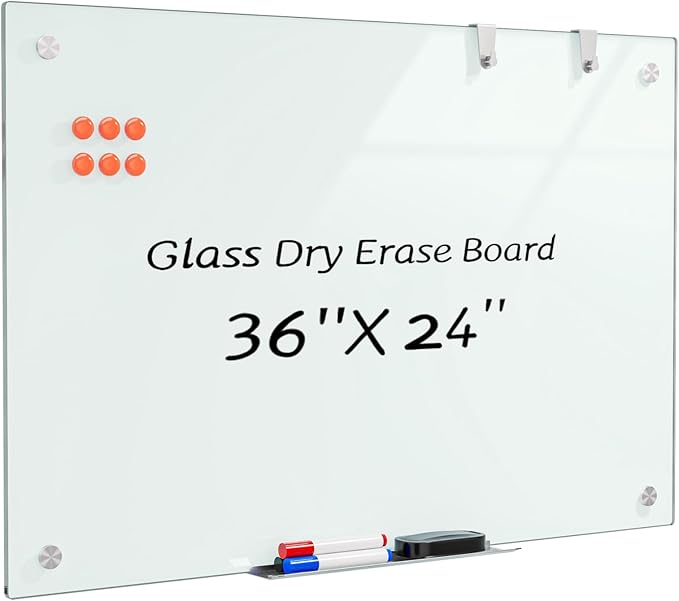 Large 0.3mm Reinforced Metal Backing Glass White Board for Wall, 36" x 24" Big Magnetic Tempered Glass Dry Erase Board with Frameless Design, 3' x 2' Glass Whiteboard for Home, Office, School