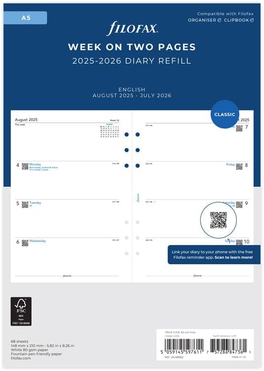 Filofax Calendar Diary Refill, A5 Size, Week-to-View, Academic, White Paper, Unruled, English, August 2025 to July 2026 (C68562-26)