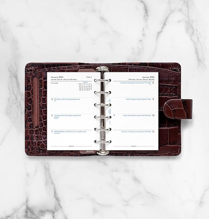 Filofax Calendar Diary Refill, Pocket Size, Week-to-View, White Paper, Unruled, Multilingual: Five Languages, 2026 (C68227-26)
