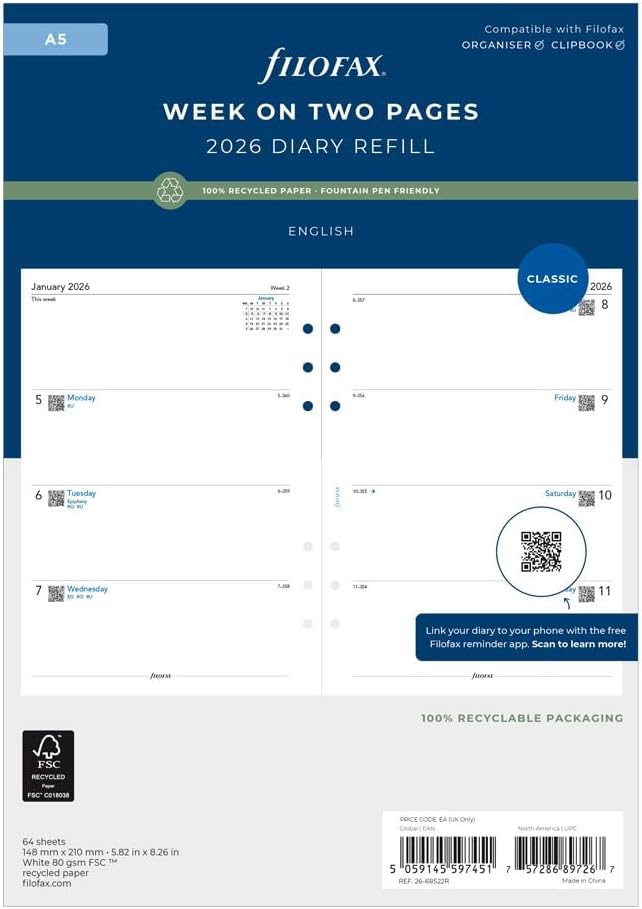 Filofax Calendar Diary Refill, A5 Size, Week-to-View, White Paper, Unruled, English, 2026 (C68522R-26)