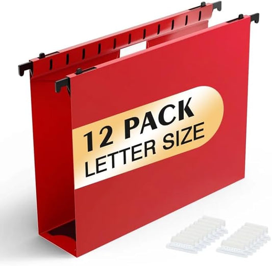 Shutex Extra Capacity Plastic Hanging File Folders,12 Pack Reinforced Hang Folders,Heavy Duty 2 Inch Expansion,Plastic Filing Cabinet Folders,Letter Size,for Bulk Files, Medical Charts,Red