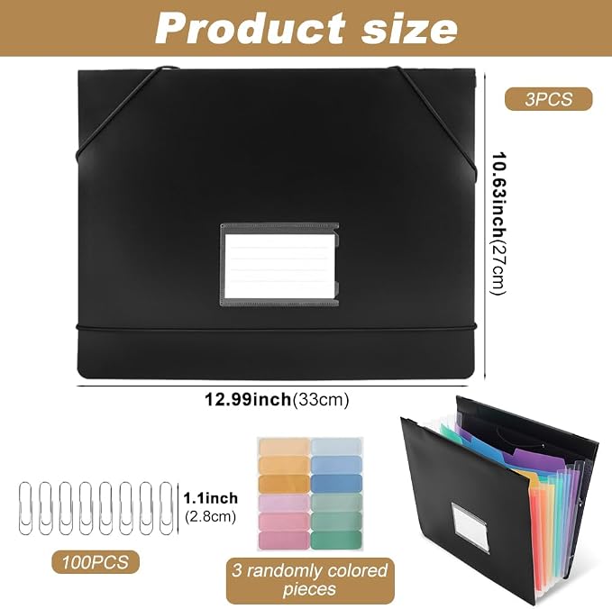 3 Packs Plastic Expanding Hanging File Folders with 3 Sheets Sticky Notes & 100 Paper Clips 7 Innovative Accordion Pockets, Large Capacity, Multi-Color Tabs for Filing Cabinet