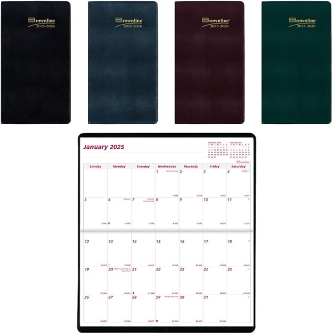 Brownline® 2026 Essential Monthly Two-Year Pocket Planner, January 2026 to December 2027, Stitched Binding, 6.5" x 3.5", Assorted Colors (CA24.AST-26)