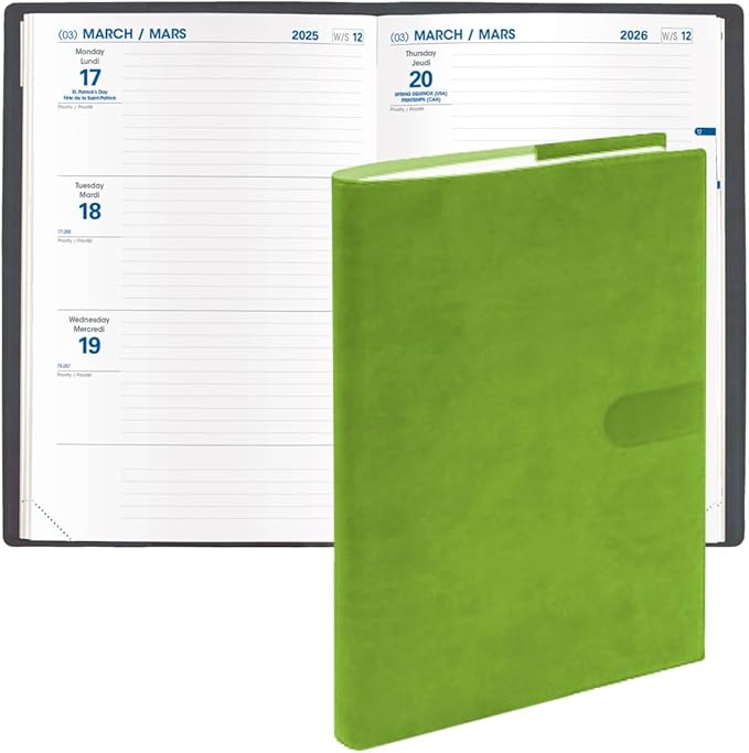Quo Vadis 2026 Hebdo - Bi-Lingual (EN/FR) - Weekly/Monthly Planner - 12 Months, Jan. to Dec. - 6 1/4 x 9 3/8" - Smooth Faux Suede Texas Bamboo Green Covers - Productivity Time Management Organizer