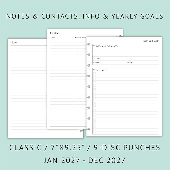 2027 Weekly Planner Refills for Happy Planner Classic Notebook - 9 Discs Punched, Two Pages Per Week, Jan 2027 to Dec 2027, 7" x 9-1/4"