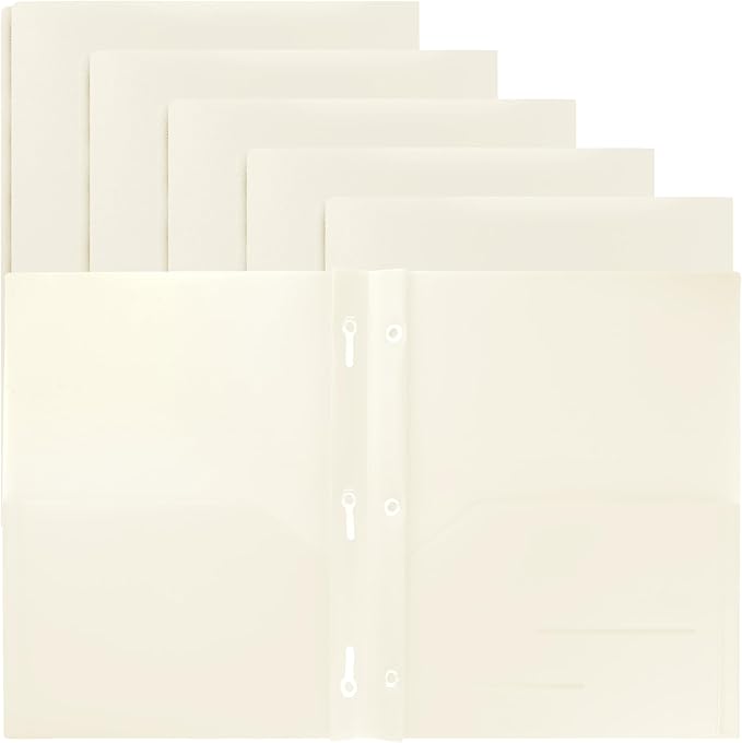 Youngever 6 Pack Heavy Duty Plastic Two Pocket Folders with 3 Prongs, Metal Prongs Fastener, Heavy Duty Plastic 2 Pocket Folder (Cream)
