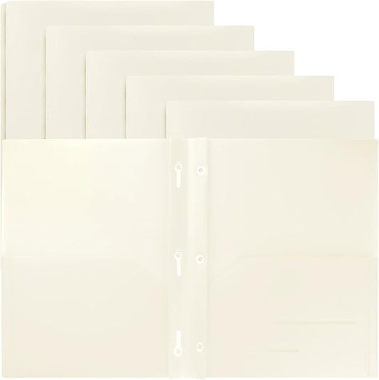 Youngever 6 Pack Heavy Duty Plastic Two Pocket Folders with 3 Prongs, Metal Prongs Fastener, Heavy Duty Plastic 2 Pocket Folder (Cream)