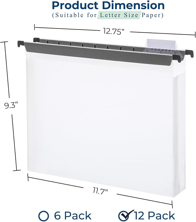 Y YOMA Plastic Extra Capacity Hanging File Folder, Letter Size, 2” Expansion, 12 Pack Clear Reinforced Expanding Hanging Folders with Tabs, Heavy Duty Waterproof Accordion for Bulky Files