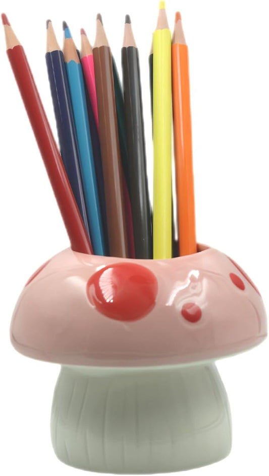Adorable Cartoons Shaped Ceramic Pencil Holders - Multifunctional Desktop Organizers (Pink Mushroom)