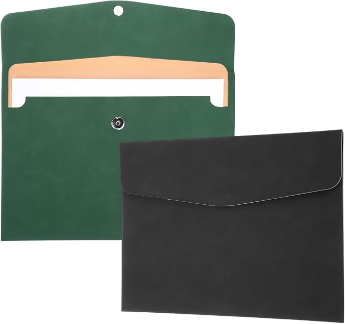 PATIKIL 2Pcs PU Leather File Folders, 13x9 A4 Document Holder Waterproof Envelope Folder with Snap Closure, Portable Portfolio Organizer Case for Paper Receipt, Black/Green