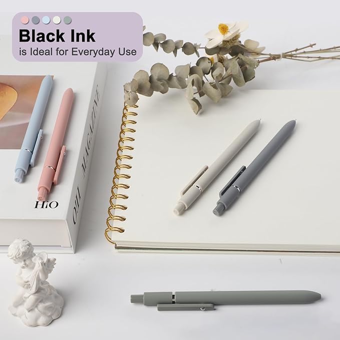 GACHUGOODS - Morandi 5pcs Aesthetic Gel Pens Quick Dry Ink Fine Point Premium Retractable Rolling Ball Black Ink Smooth Writing for School Office Home School Supplies Gifts for Women
