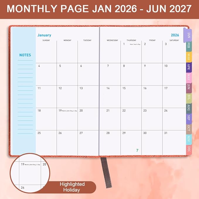 Cheericome Planner 2026-2027, Month Weekly Planner Run JAN 2026 to JUN 2027, 26-27 Planner with Pen Loop, Back Pocket and Stickers, 18 Months Planners, Brown Monthly Planners 2026-2027
