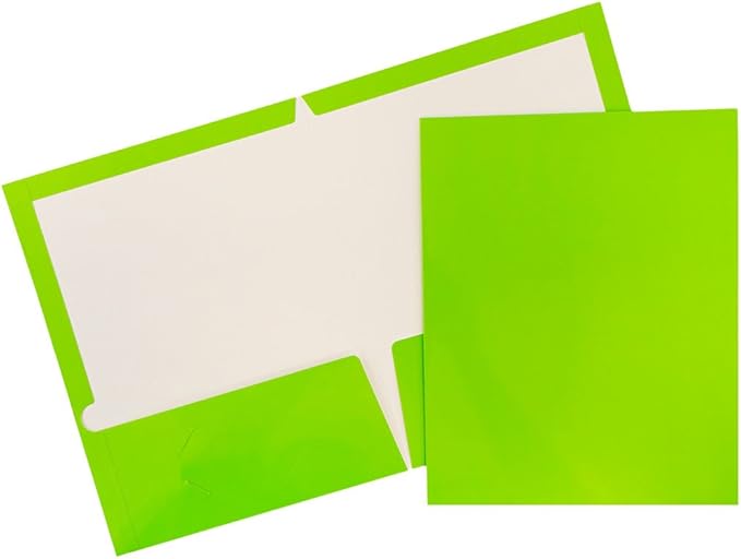 JAM PAPER Laminated Two Pocket Glossy School Folders - Letter Size - High Gloss Lime Green - Bulk 100/Box
