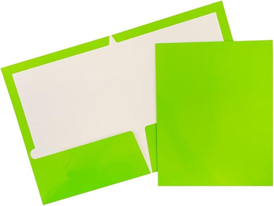 JAM PAPER Laminated Two Pocket Glossy School Folders - Letter Size - High Gloss Lime Green - Bulk 100/Box