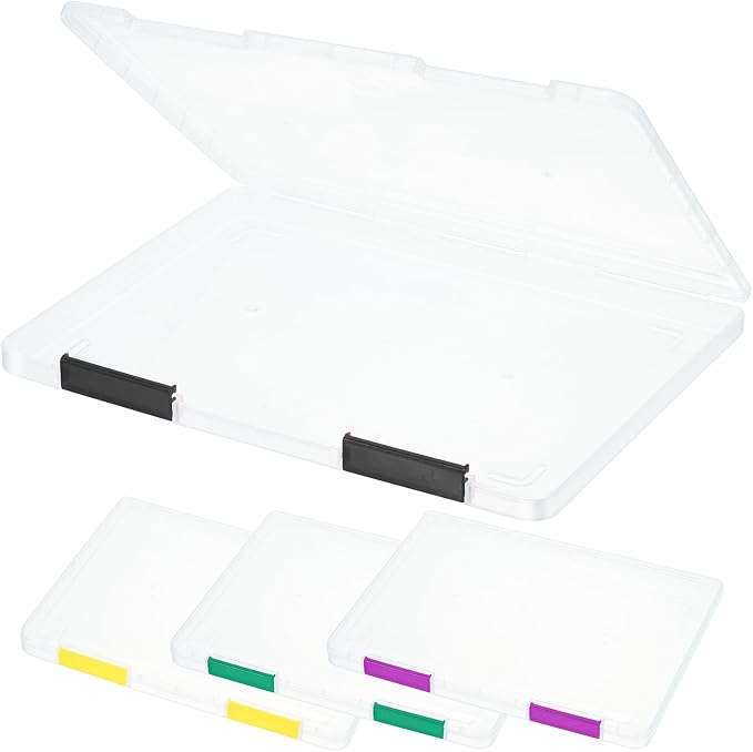 PATIKIL Clear A4 File Portable Project Case with Buckle Plastic Storage Box for 8.5" x 11" Letter Paper Scrapbook Paper Storage Boxes, 4Pcs, 12.2"x9.1"x0.8", Multicolor