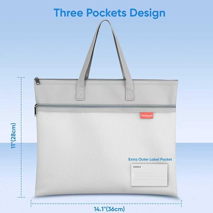 Wisdompro Waterproof Zipper Pouch, Large Mesh File Bag with Handle, Durable Triple Pocket Document Storage for Cross Stitch, Puzzle Project, Travel and Office - Grey