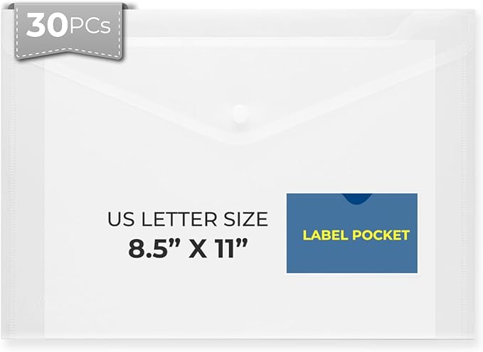 FLEXOFFICE 30 Pack Clear Plastic Envelopes with Snap Closure & Label Pocket, Reusable Poly Envelopes Waterproof for A4, US Letter Size, Important Document