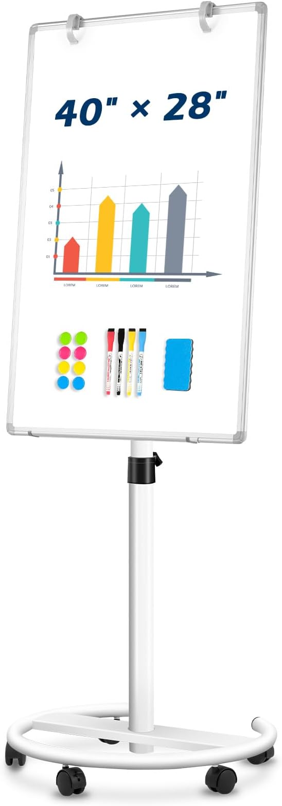 Mobile Whiteboard, 40"x28" Magnetic White Board with Stand, Height Adjustable Flip Chart Easel, Dry Erase Standing Whiteboard for Office, Teaching