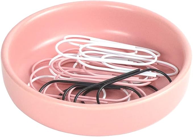 MEI YI TIAN Small Ceramic Paperclip Holder for Desk, Round Paper Clip Holder Push Pin Organizer Macaron Pink Paper Clip Dispenser Desktop Organizer Cute Storage Plate Desk Accessories