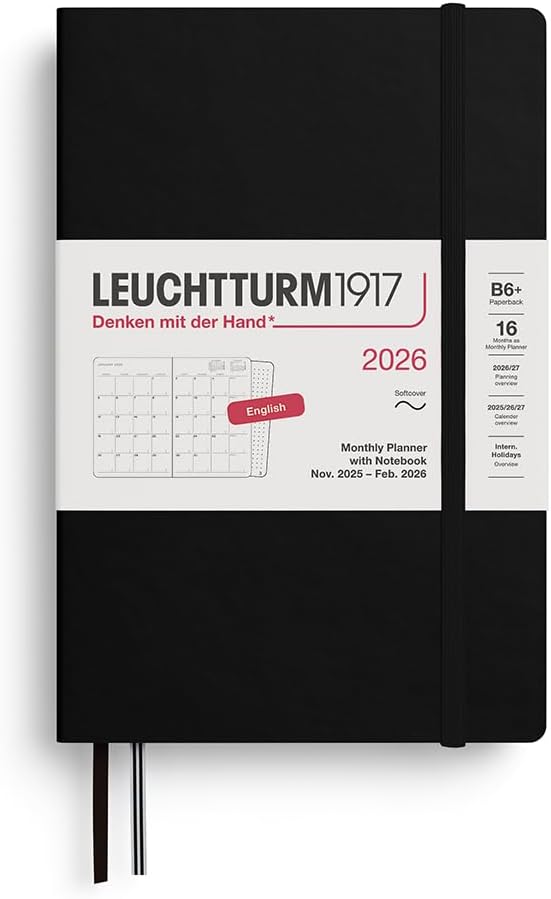 LEUCHTTURM1917 - Monthly Planner & Notebook 2026, Softcover, Paperback (B6+), Ruled, Black (Nov 1, 2025 - Feb 28, 2027)