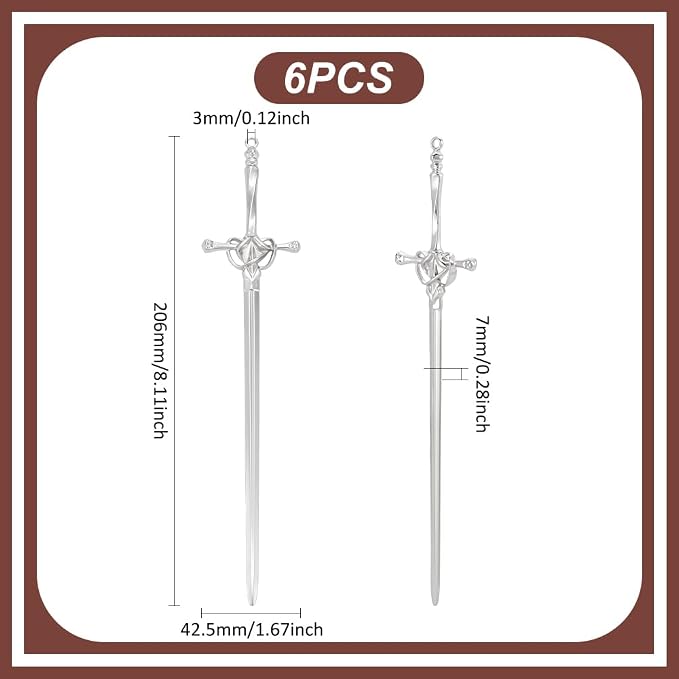 UNICRAFTALE 6Pcs Sword Bookmarks Hair Pins Sticks Vintage Platinum Metal Pendant Bookmarks Sword Hair Pin Ancient Large Sword Bookmark Charms for Reading Crafting Gifts Book Lovers Presents