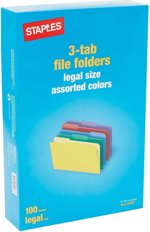 Staples File Folders, Legal Size, 1/3‑Cut Tabs, Assorted Colors, Heavy‑Duty Paper Stock, 100/Box