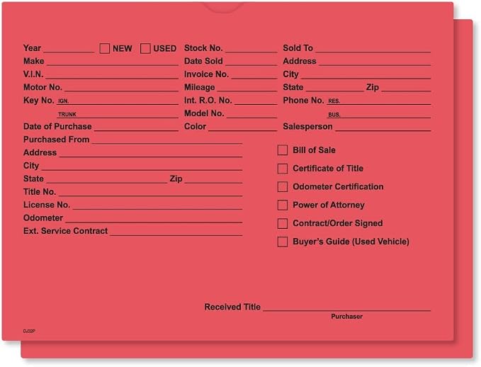 Printed Vehicle Deal Jackets Envelopes Folders for Auto Car Dealerships - 9x12 Size - Dealer Supplies - New and Used Cars - 100 Quantity (Red)