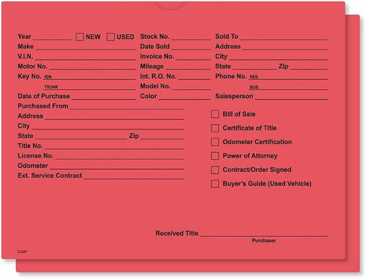 Printed Vehicle Deal Jackets Envelopes Folders for Auto Car Dealerships - 9x12 Size - Dealer Supplies - New and Used Cars - 100 Quantity (Red)
