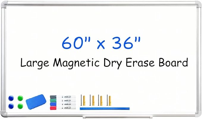 DEVELOP Magnetic Large Dry Erase Board, 36 x 60 Inches(3’ x 5’) Whiteboard, Wall-Mounted White Board for Office, Classroom, Home, Includes 4 Markers, 4 Magnets, Ruler & Erase