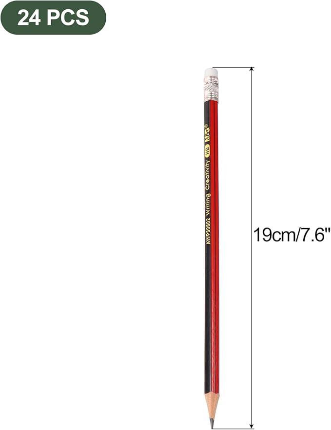 M&G Wooden Hexagonal Pencils, 24 Pcs HB Round Pencils with Eraser for Classroom & Office, Red & Black