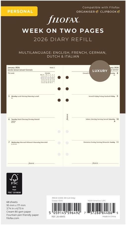 Filofax Calendar Diary Refill, Personal/Compact Size, Week-to-View, Cotton Cream Paper, Unruled, Multilingual: Five Languages, 2026 (C68413-26)
