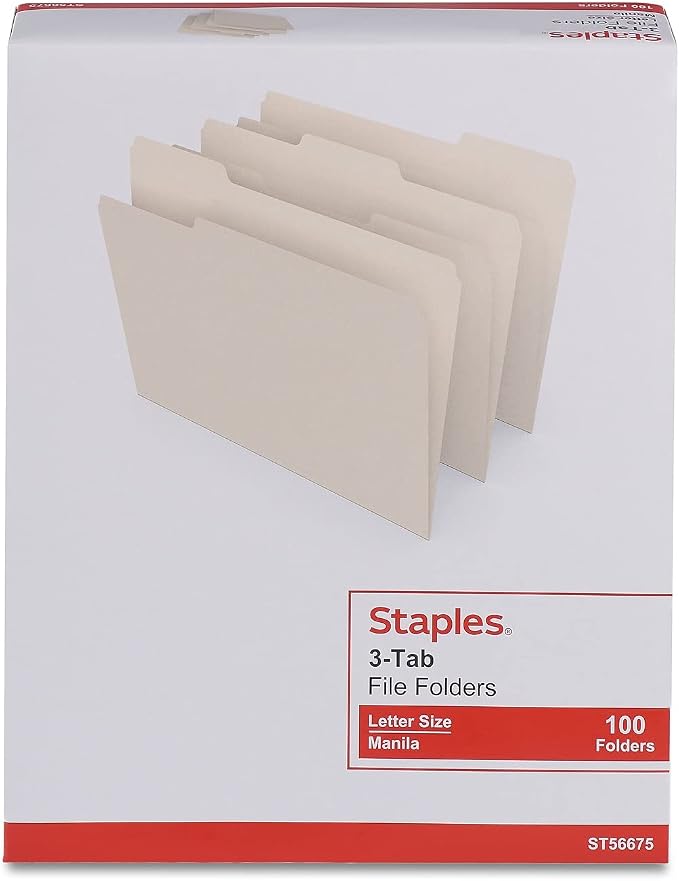 Staples File Folders, Letter Size, 1/3‑Cut Tabs, Assorted Positions, Manila, Durable Paper Stock, 100/Pack