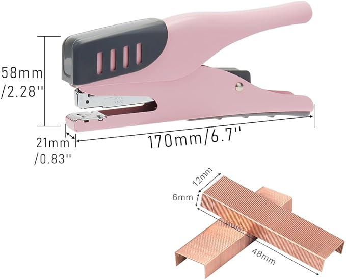 NatSumeBasics Plier Effortless Stapler & 1000 Rose Gold Staples, Handheld Stapler 45 Sheet Capacity Heavy Duty Manual Staplers for Office Accessories Supplies (Pink)
