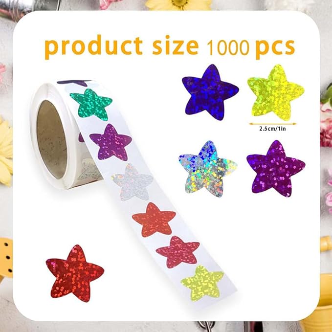 Star Stickers for Kids Reward, 1000 pcs Holographic Colorful 2 Rolls Sparkly Foil Star Stickers for Behavior Chart,Envelope Seal Birthday Party Wedding Classroom Teacher Supply
