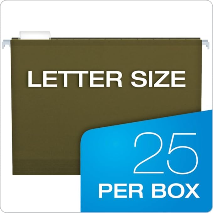 Pendaflex Hanging File Folders, 25 Pack, Green, 2" Expansion, Letter Size (8.5" x 11"), Reinforced, 5 Tab Positions, Durable Hanging Files for Office and Document Organization