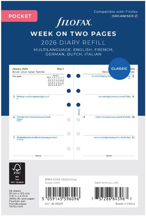 Filofax Calendar Diary Refill, Pocket Size, Week-to-View, White Paper, Unruled, Multilingual: Five Languages, 2026 (C68227-26)