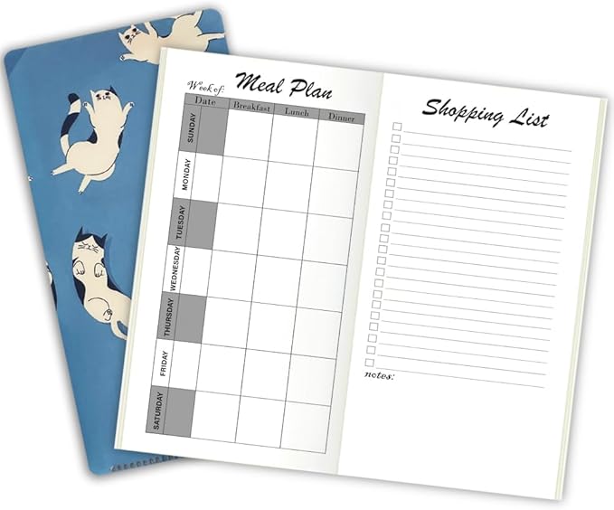 Pocket Planner Notebook with Plastic Sleeve, Meal Planner Refills with Shopping List, 30Sheets, 8.25"x4.25" Regular TN Journal Inserts for Food, Travelers Notebook Insert for Healthy Eating. Blue Cat