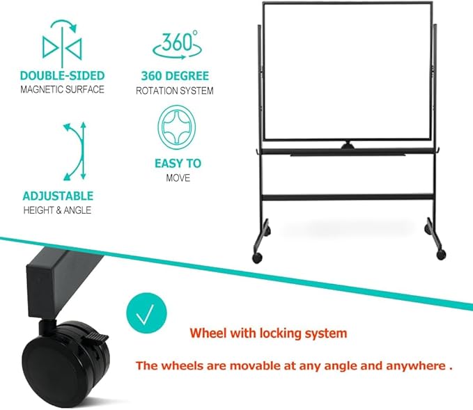 BIBOC 32x48 Inches Large Mobile Dry Erase Whiteboard with Rolling Stand - Double Sided Height Adjustable Whiteboard for Office, School - Aluminum Frame & Durable Writing Surface