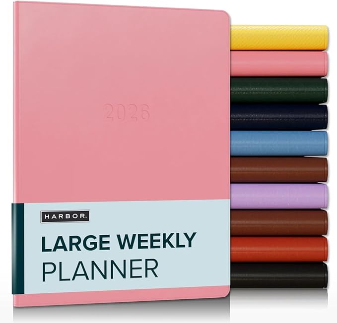 Harbor Large Weekly Monthly Planner 2025-2026, Calendar Planner & Notebook - Durable Faux Leather, 192 Pages, Softcover & Book Bound - Cambridge Flamingo - 9.75 x 7.5 "