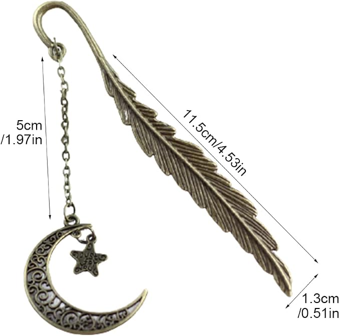 iayokocc Creative Metal Feather Bookmark, Classical Bookmarks with Pendant for Women, Teens Girls, Readers and Book Lovers.(Stars and Moon)