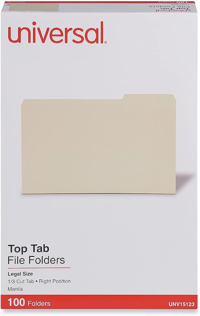 Universal 15123 File Folders, 1/3 Cut, One-Ply Top Tab, Third Position, Legal, Manila, 100/Box