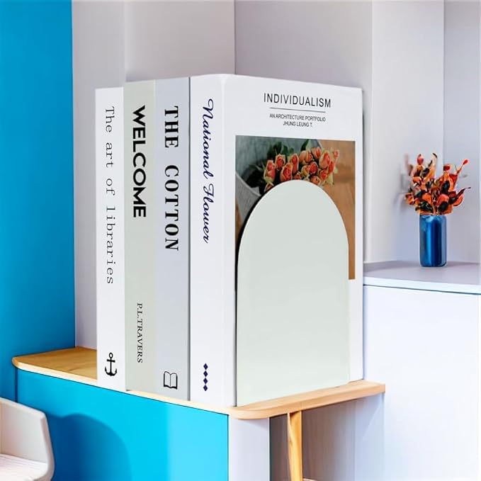 Lulonpon 8 Pieces Book Ends, Bookends, Books Stand, Metal Bookend for Shelves, White Book Ends for School, Library, Desktop Organizer