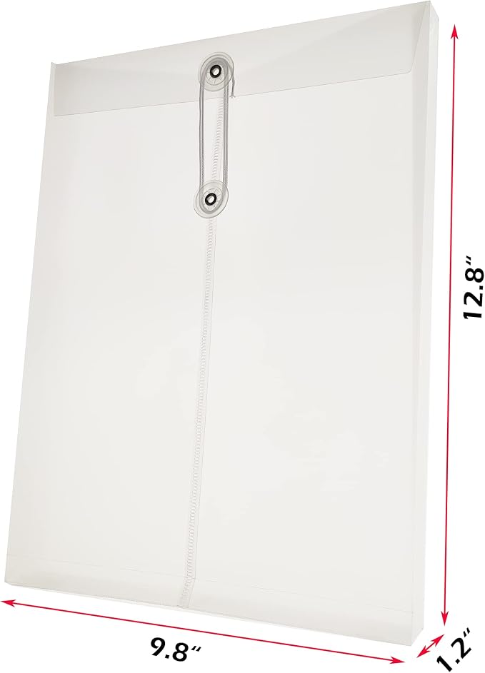 Letter A4 Size Poly String Envelope with Expandable Gusset,Clear Poly Reusable File Folders Project Paper Documents Organizer for Office School Home, 10 Pack