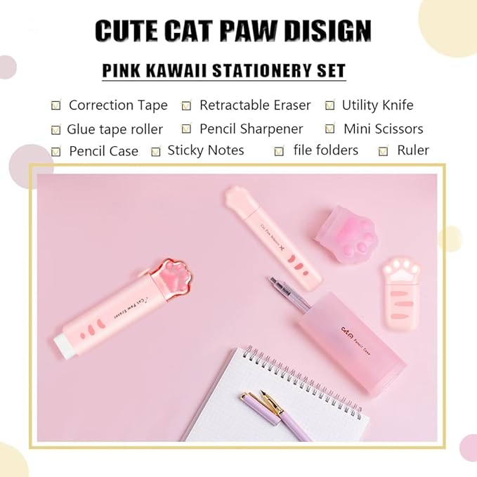 Cute School Supplies,Stationary Gift Set, Japanese Stationery Birthday GIFS, Includes Pencil Sharpener,Eraser, Correction Tape, Ruler, Mini Scissors,Utility Knife, for Office School Supplies (Pink)