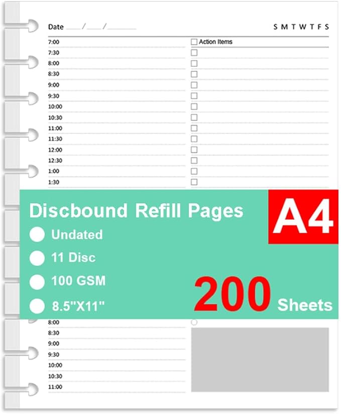(2 Pack) Letter Size Undated Daily Planner Refills, A4 Disc Paper for TUL System, 11 Disc Planner Inserts, Total 200 Sheets/400 Pages, College Ruled, 8.5 X 11 Inch, Undated Planners Refills