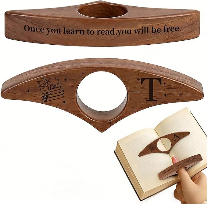 Personalized Wooden Thumb Book Page Holder Engraved with 26 Letters Initials Reading Bookmark Gift for Book Lovers, Readers, Women, Men, Teachers Christmas, Birthday(Black Walnut Wood-C, T)