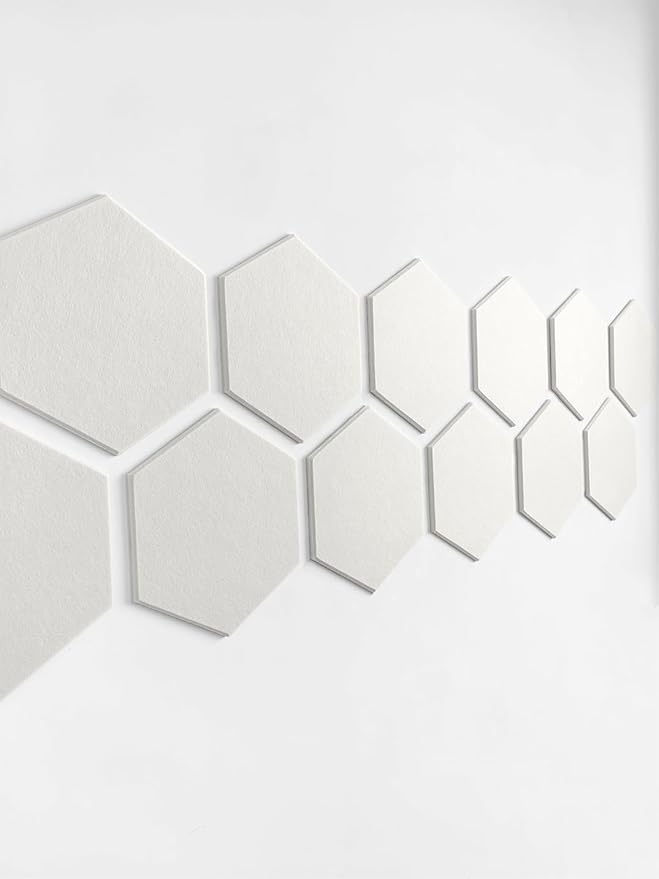 Hexagon Felt Board Tiles - 12 Packs Self Adhesive Pinboard & Acoustic Panels | Modern Office Wall Decor for Home | Sound Absorbing Bulletin Board - Warm White