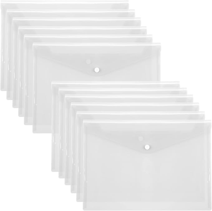 Toplive File Folders,12 Packs Plastic Envelopes Clear A4 Letter Size Waterproof Poly Envelopes Folders with Snap Closure for Office School Supplie