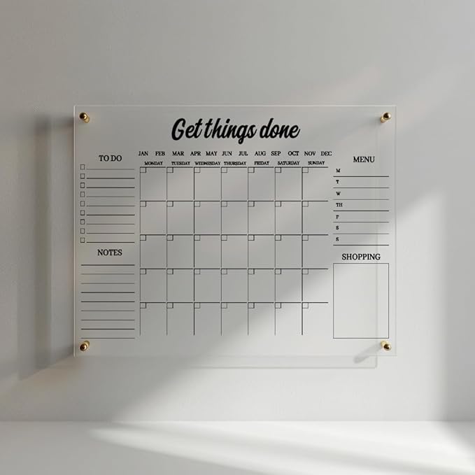 Custom Acrylic Wall Calendar – Personalized Dry Erase Monthly Planner with To-Do List, Menu & Shopping Section – Clear, Modern Office or Kitchen Organizer – Reusable, Writable, and Stylish