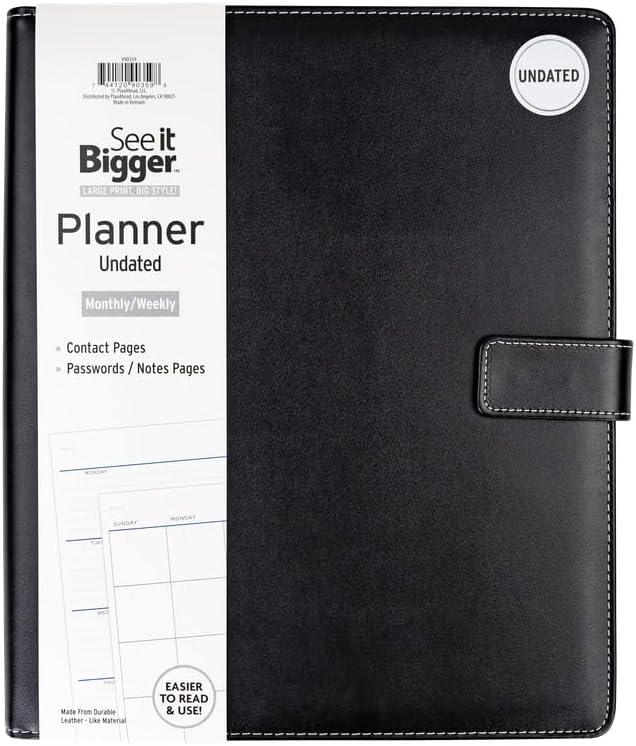 See It Bigger Large 15-Month Padfolio Undated Planner – Black 11.75"x10" Monthly & Weekly Dated Organizer with Removable Lined Notebook, Interior Pockets, and Large Print for Work & Personal Use